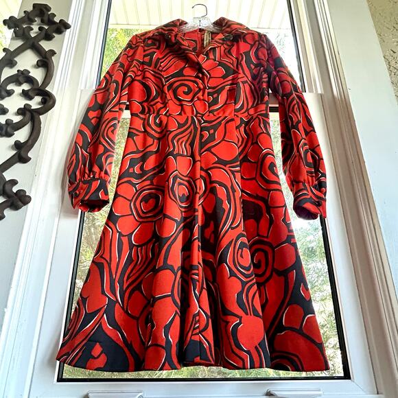 Vintage Eleanor Brenner Couture Orange & Black Mod Print Dress 1970s Size Small - Picture 6 of 16